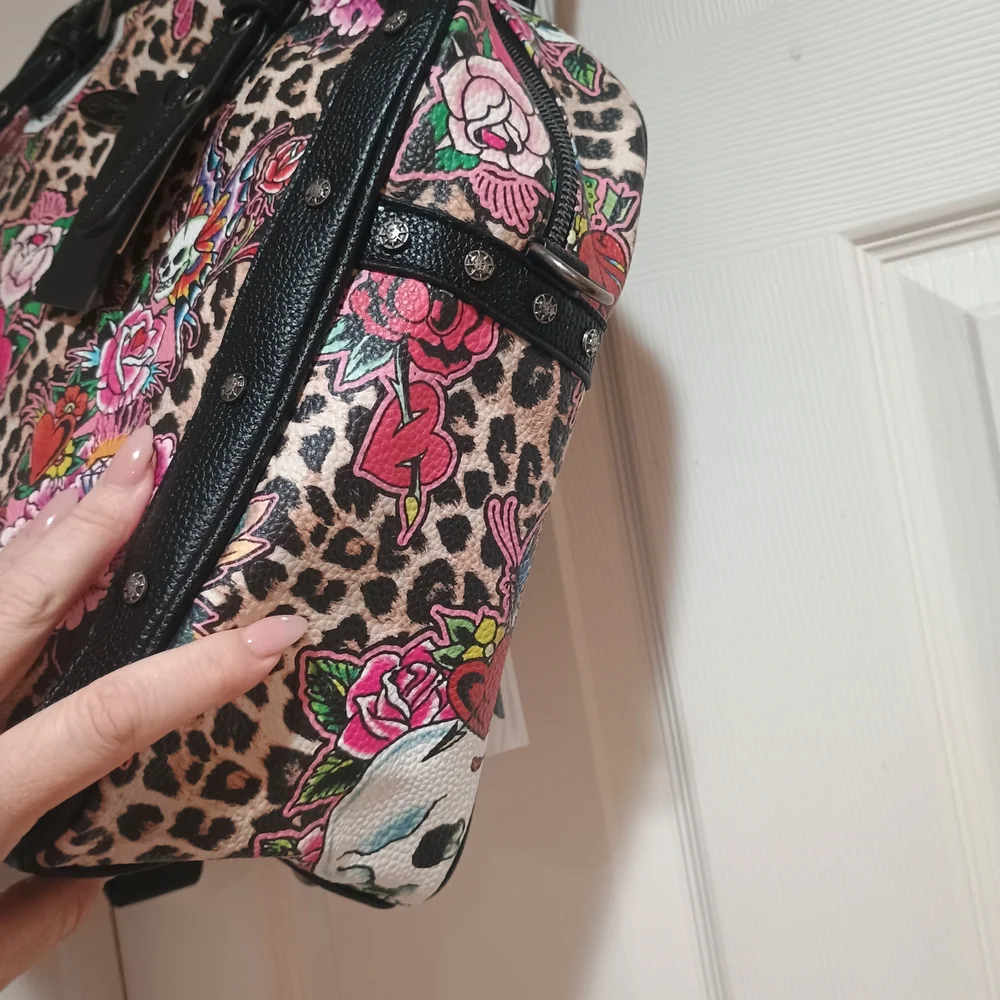 New Ed Hardy leopard print satchel with pink floral and skull graphics
